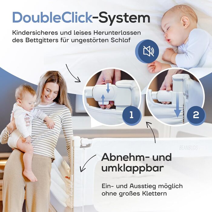 Бортик для ліжка BEANBUDS® захисний, 200 см - сірий. Захист від випадання для дитячого ліжечка та ліжка батьків. З ременями для кріплення, для ламельних та бокс-спрінг ліжок.