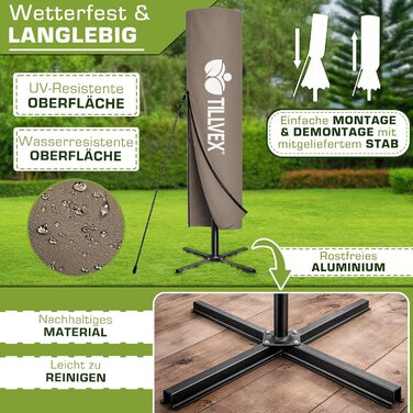 Прямокутна садова парасолька tillvex® Alu 330 см з LED-підсвіткою, ручкою та чохлом, колір Капучино — Алюмінієвий зонт-ампел з стійкою, захистом від вітру та UV-променів, водонепроникний, поворот на 360°