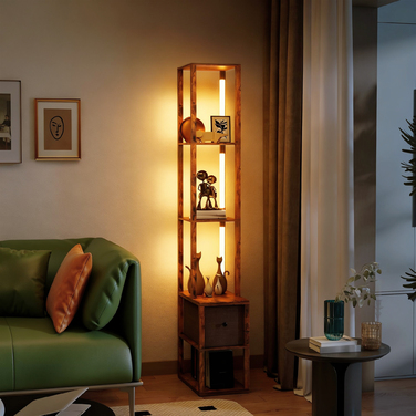 Світлодіодна настільна лампа з полицями, регульована яскравість, вимикач на нозі для спальні, рустикальний коричневий