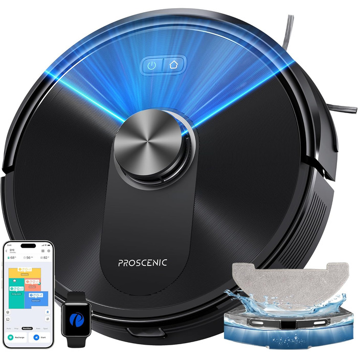 Робот-пилосос Proscenic Q10 з мокрою очисткою, 8000Pa, 200 хвилин роботи, лазерна навігація, керування через додаток, Alexa, Siri, Apple Watch, чорний
