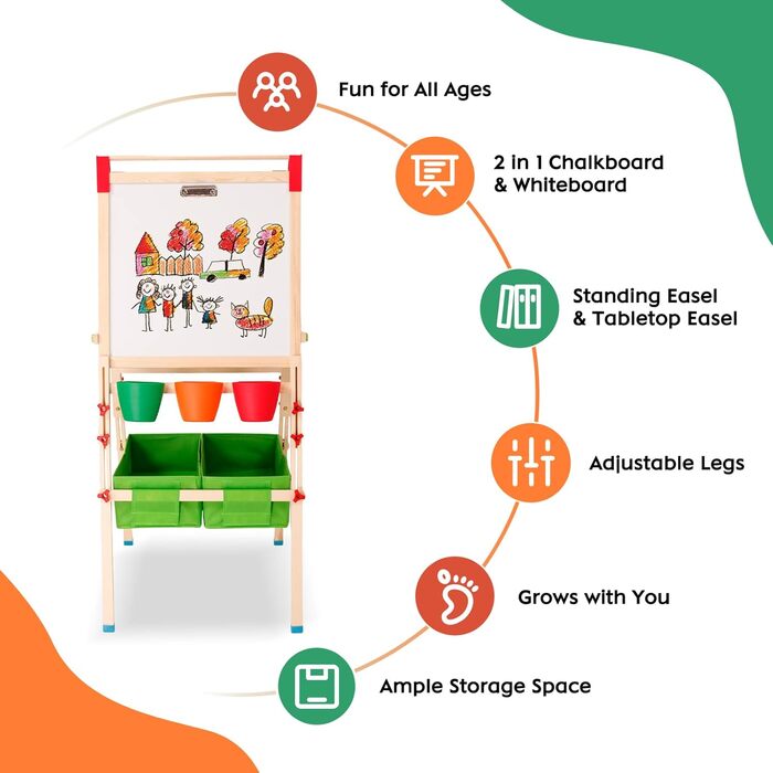 Дерев'яний мольберт Kinder для дітей з паперовою рулонкою, двостороннє Whiteboard та дошка. Регульована висота. З аксесуарами для малювання та навчання. Ідеальний подарунок для малюків.