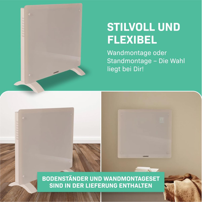 Електричний конвекторний обігрівач VONROC - 1000W, для кімнат до 24м², настінний/підлоговий монтаж, ручне/APP керування, білий