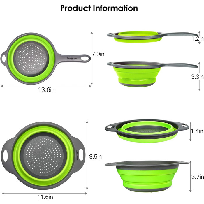 Складний силіконовий друшляк Longzon, компактний, легко миється, можна мити в посудомийній машині, 8/9,5 дюйма (зелений)