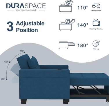 Крісло-ліжко DURASPACE 3-в-1, розкладне, 99 см, з USB, бічною кишенею, тримачем для напоїв, для малих приміщень (зелений/синій)