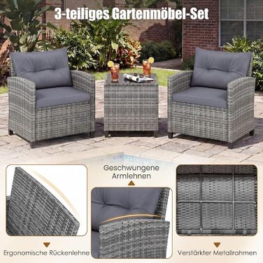 Садовий набір меблів COSTWAY з ротангу, 3 предмети: 2 крісла, стіл із загартованим склом, подушки. Меблі для балкона та тераси на 2 особи, сірий
