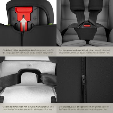 Автокрісло Tectake з 5-точковим ременем, i-Size, бічний захист, для дітей 76-150 см (до 36 кг), бустер, темно-сірий/чорний