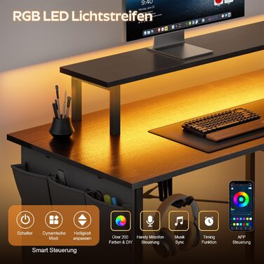 Кутовий стіл HLONONE з LED-підсвіткою та розетками, 110 x 80 см, з полицею, для комп'ютера, геймінгу, офісу, дому, білого (чорного) кольору