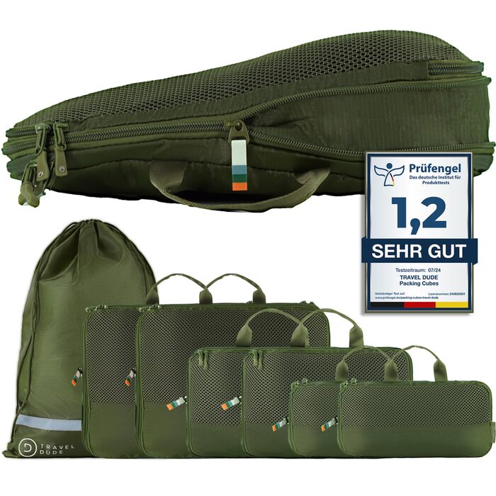 Набір компресійних органайзерів для одягу TRAVEL DUDE (7 предметів), дорожні пакувальні куби з переробленого пластику для валізи та рюкзака, темно-зелений