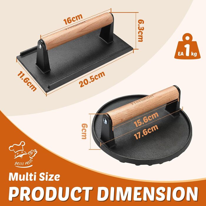 Пресс для бургерів Freelander з чавуну, набір для приготування смашених бургерів (круглий Ø 17.6 см, прямокутний 20.5 см), прес для гриля з термостійкою ручкою, великий бургерний прес для BBQ, стейків, сендвічів, чорного кольору