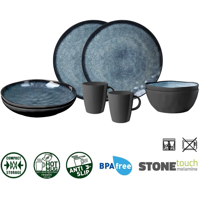 Набір посуду для кемпінгу Brunner Outdoor in Motion Melamin | 8 предметів (тарілки, миски, чашки) для 1-2 осіб | Tête a Tête Venetian | Зручний, міцний, антиковзний