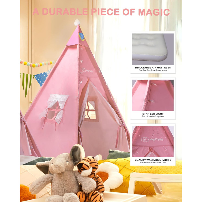 Дитяче намет-типі Heypappy з ліжком, гірляндою та кульками - ігровий будиночок для дівчаток та хлопчиків (рожевий)