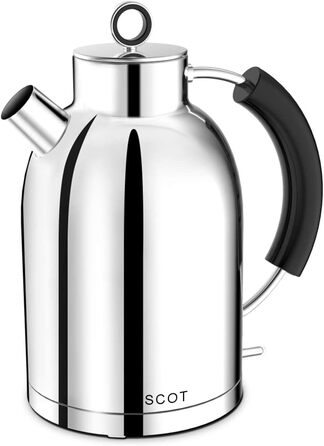 Електричний чайник ASCOT з нержавіючої сталі, електричний чайник Подарунки для чоловіків/жінок/сім'ї 1,5-літровий ретро-бездротовий чайник для кип'ятіння насухо, автоматичне відключення (сріблясте полірування)