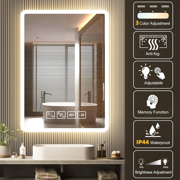 Дзеркало для ванної кімнати з підсвіткою 50x70 см з Bluetooth, годинником, функцією проти запотівання та сенсорним вимикачем