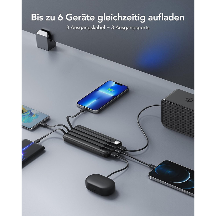 МАг, USB C, 4 кабелі, LED-дисплей, 6 виходів, сумісний з iPhone/Huawei/Samsung, 10000