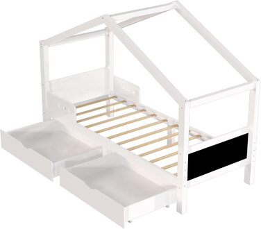 Двоспальне ліжко-хатинка для дітей 90x200 см з шухлядами, з натурального дерева (сосна), білий колір