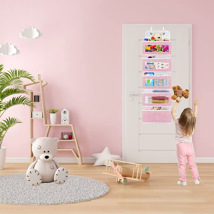 Органайзер для дверей homyfort, підвісний органайзер для дитячих підгузників, рожеве настінне сховище з 5 великими кишенями для кімнати для дівчаток, комора, гуртожиток, ванна кімната, шафа