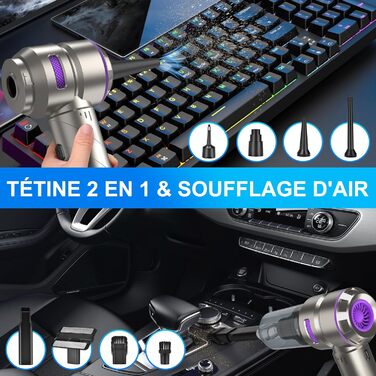 Бездротовий ручний автомобільний пилосос 4 в 1, потужність 18000Па, безщітковий мотор 200 000 об/хв, 3 рівні всмоктування для авто, дому та шерсті тварин, сріблястий