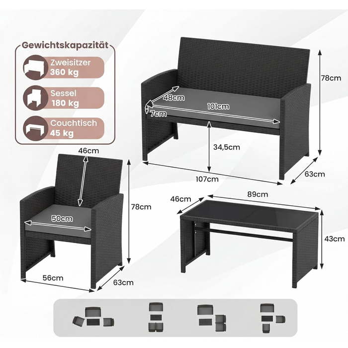Садовий набір меблів COSTWAY з ротангу для балкона та тераси: диван, 2 крісла, стіл, подушки (сірий + чорний)