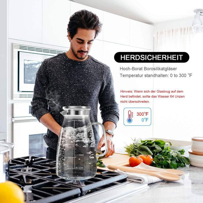 Скляна карафа Aofmee 2 літри з кришкою, для води, соку, айс-ті, 2L