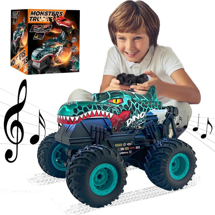 RC Monstertruck 1:20 2.4GHz Динозавр – Радіокерований позашляховик, 20 км/год, LED, Музика, для хлопчиків та дівчаток від 3 років, Зелений
