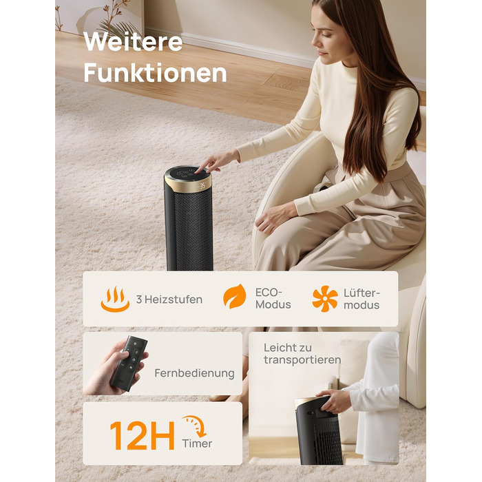 Електричний обігрівач Dreo Solaris Slim H3 з PTC-керамічним нагрівом, Wi-Fi, 3 режими, 3 швидкості, 12-годинний таймер, пульт дистанційного керування, захист від перегріву та перекидання