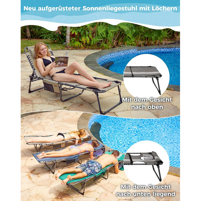 Шезлонг KingCamp великого розміру, розкладний, 5 положень, для саду, відпочинку, кемпінгу, з подушкою та кишенею, до 200 кг, 200 x 68 см, сірий