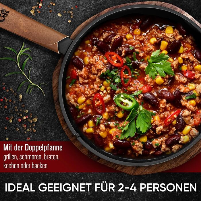 Нідерландський горщик 2в1 з чавуну 4.8л & сковорода з чавуну 1.8л - Набір нідерландського горщика з подвійною функцією - з кулінарною книгою та аксесуарами для барбекю, кемпінгу та кухні - 30 років гарантії (2в1 сковорода)