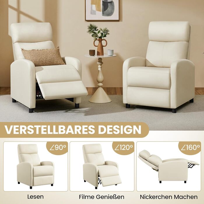 Крісло-релакс Yaheetech з регульованою підніжкою, крісло для телевізора, диван-крісло, крісло для відпочинку (Бежеве, штучна шкіра)