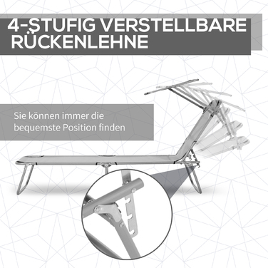 Шезлонг для саду, пляжу та відпочинку, складаний, з захистом від сонця, 187 x 58 x 36 см, сірий