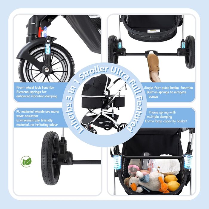 Дитяча коляска 3 в 1, туристична, швидко складається, з фіксацією передніх коліс, для дітей 0-4 роки (сірий)