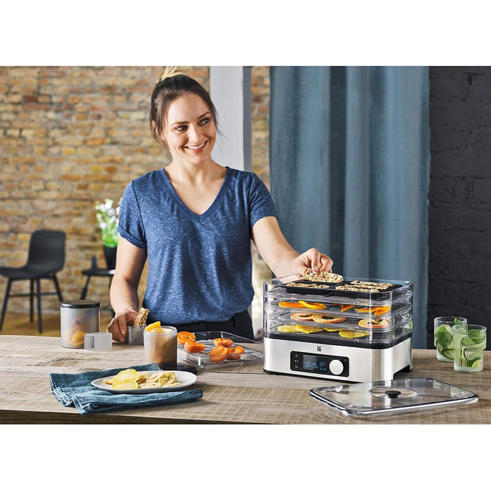 Сушарка для фруктів та овочів WMF Küchenminis Edelstahl, з 5 лотками, таймер до 24 годин, аксесуари для мюслі