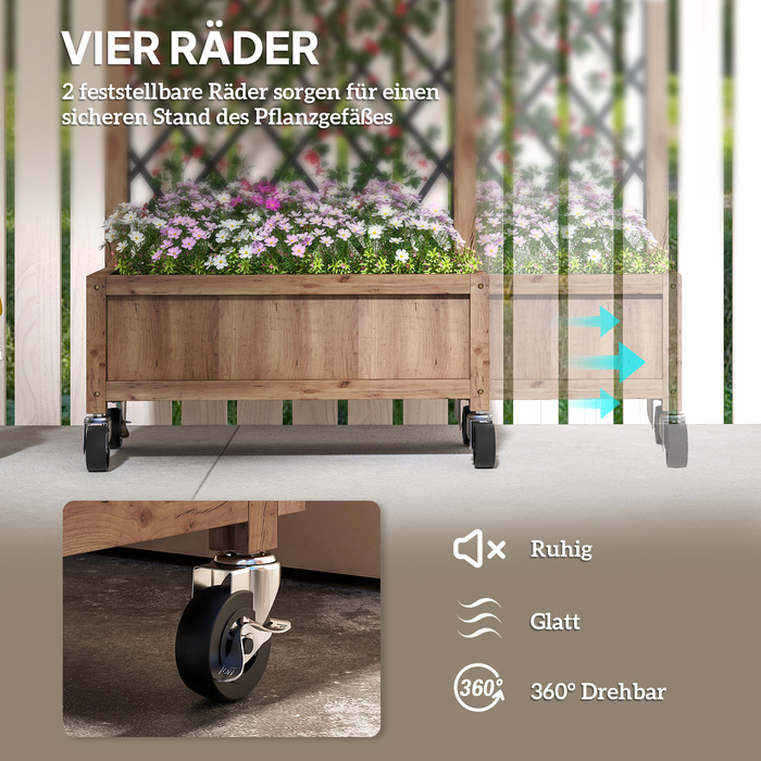 Набір з 2-х піднятих грядок/ящиків для вирощування рослин на колесах, з опорою для ліан, шпалером та кашпо для квітів, дерев'яні, 52x25x97 см, коричневі.