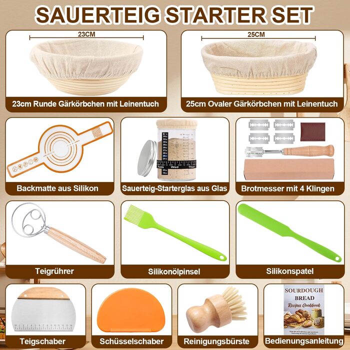 Набір для закваски: 2 форми для бродіння (овальна 25см, кругла 23см), скляний набір для закваски 900мл, аксесуари для випікання хліба