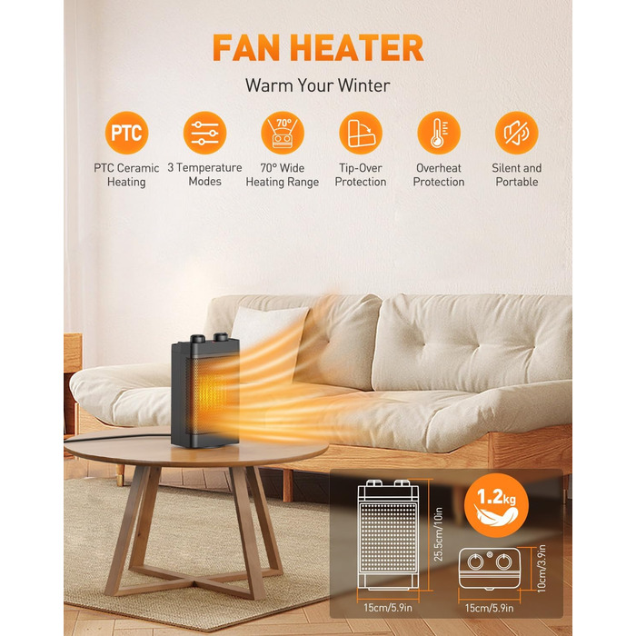 Електричний обігрівач з керамічним нагрівачем, 1500 Вт, 3 режими, осциляція 70°, захист від перекидання, тихий обігрівач для офісу, вітальні, спальні