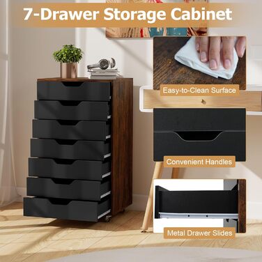 Роликовий контейнер KOMFOTTEU з шухлядами, мобільний офісний шафчик, шафка для документів на колесах, білий офісний візок, шафка для паперів та документів (Коричневий)