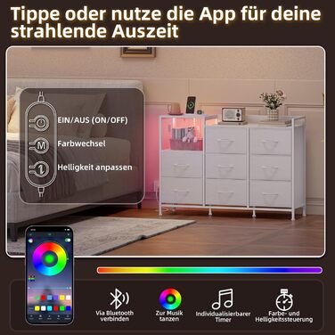 Комод Somdot для спальні, вітальні, прихожої з шухлядами, LED-підсвічуванням та розетками (2 AC, 1 USB, 1 Type-C), 5 тканинних шухляд, білий, 29T x 66,5B x 70,5H см (Комод Somdot з 8 шухлядами, біле шкірозамінник, 29T x 99B x 70.5H см)