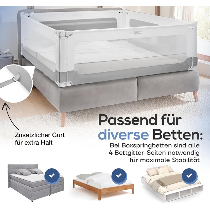 Бортик для ліжка BEANBUDS® захисний, 180 см - сірий. Захист від випадання для дитячого та дорослого ліжка (ламельний та бокспрінг). З ременями для кріплення.