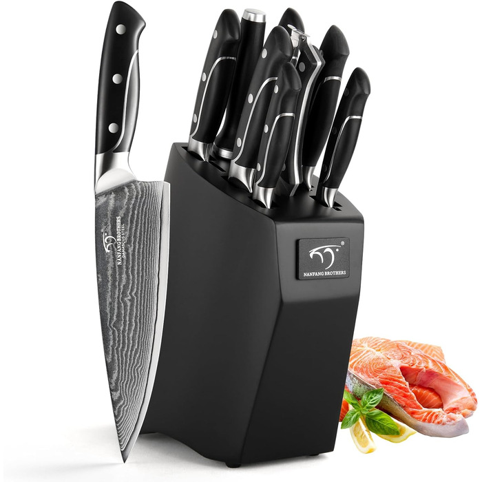 Набір кухонних ножів NANFANG BROTHERS 9 штук з дамаської сталі з дерев'яним блоком, професійний кухонний набір, VG10 сталь, преміум якість