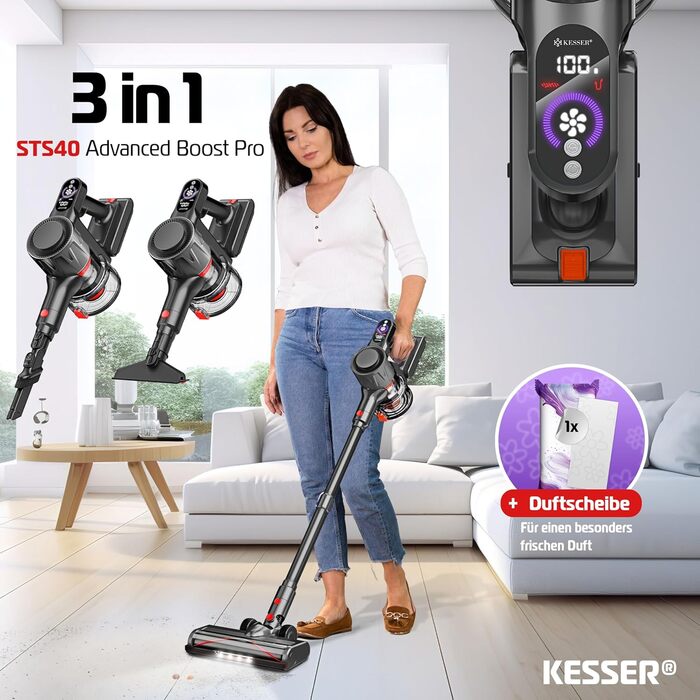 Бездротовий акумуляторний пилосос KESSER® з LED дисплеєм та аромакапсулою | Бездротовий пилосос без мішка з антизаплутаною насадкою, HEPA-фільтром, час роботи до 60 хвилин, для твердих поверхонь та килимів, чорний/червоний