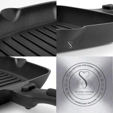 Квадратна сковорода-гриль Stone&Stone 28x28 см | Професійна сковорода для стейків | Німецьке антипригарне покриття GREBLON C3+ без PFOA | Знімна ручка | Підходить для індукційних, газових плит та духовки | Для приготування барбекю з щипцями 28 см