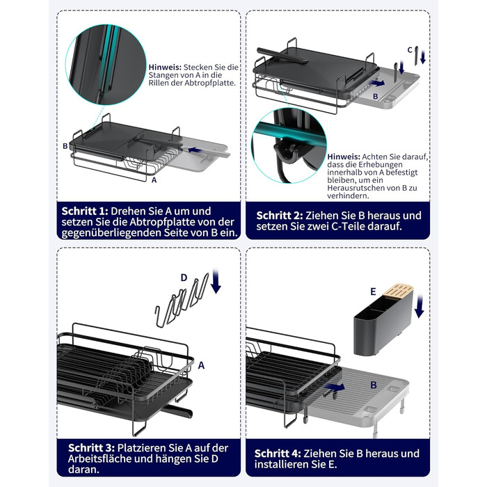 Сушилка для посуду Kitsure, висувна, багатофункціональна, з місцем для столових приборів, 67.8 x 32.7 x 14.9 см, чорна