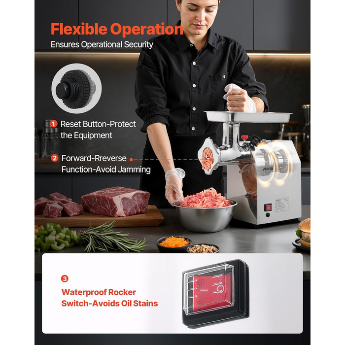 Електрична м'ясоподрібнювач VEVOR, 4.2 кг/хв, 1100 Вт, з лезом та диском, для ресторану, з нержавіючої сталі