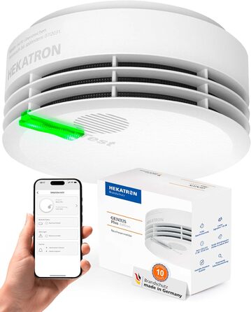 Датчик диму Hekatron Genius Plus з батареєю на 10 років – Тест-переможець Stiftung Warentest – Зроблено в Німеччині – з клейкою підкладкою – з підтримкою додатку – 1 шт.