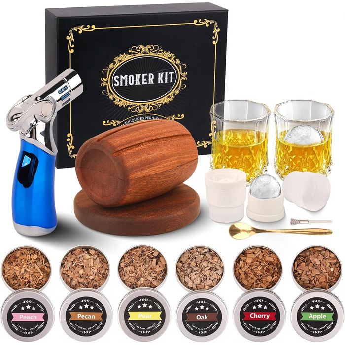 Набір для копчення коктейлів: 6 смаків, дерев'яні чіпси, форми для льоду, 2 склянки. Ідеальний подарунок для чоловіків