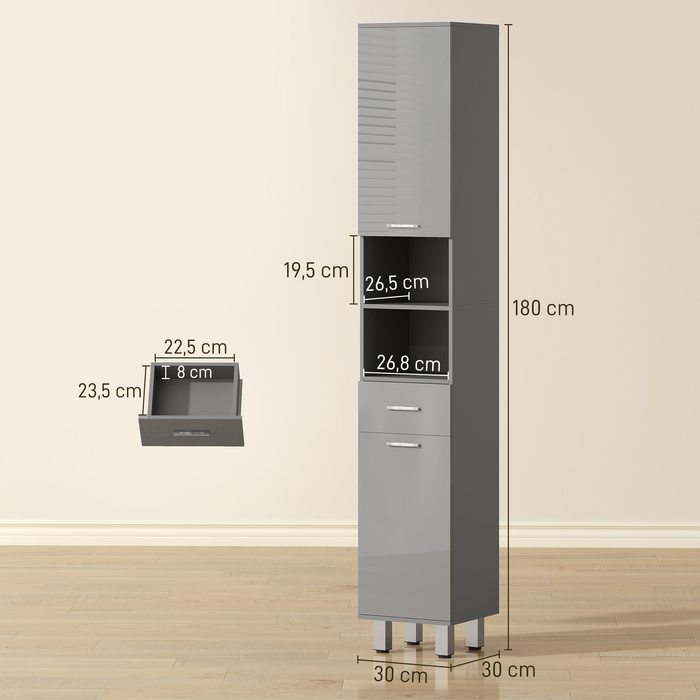 Шафа для ванної кімнати з полицями та висувним ящиком, регульована, сіра