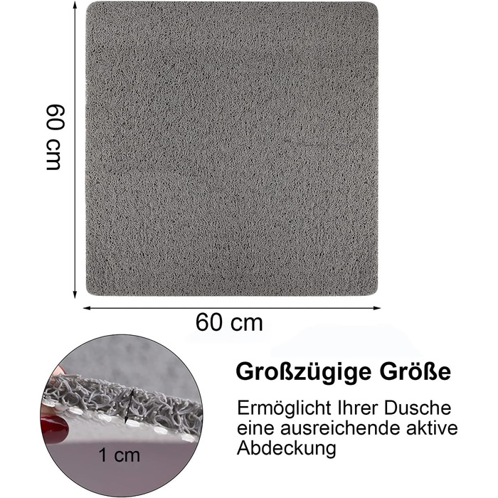 Нековзний килимок для душу проти плісняви 60х60 см, м'яка мочалка ПВХ, швидковисихаюча, зі зливом для душу/ванни
