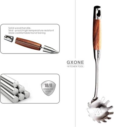 Набір кухонних аксесуарів GXONE, 7 предметів, з нержавіючої сталі 304, з підставкою, стійкий до нагріву, дерев'яні ручки, кухонні помічники (ложка для пасти з дерев'яною ручкою)