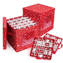 Коробка для зберігання новорічних прикрас з 166 відділеннями, 31x31x30 см, червона, з сніжинками