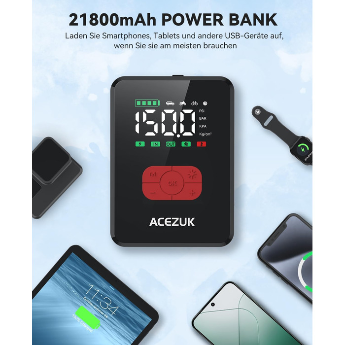 Портативний пусковий пристрій 7000A з компресором 150PSI для автомобілів, 12V, LED-ліхтарик