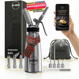 Дозатор для вершків B-ARS з нержавіючої сталі 0,5L з аксесуарами: насадки для декорування, голка для інжекцій, щітка для чищення, сумка для зберігання та електронна книга з рецептами